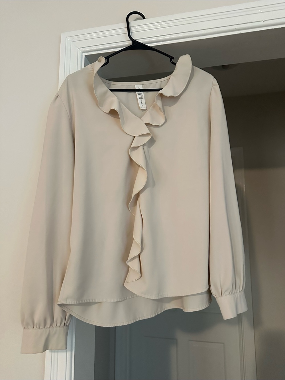 Ruffled Collar Long-Sleeve Blouse in Light Beige